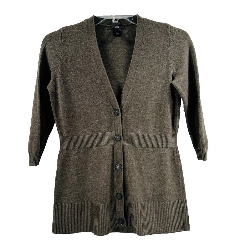 Ann Taylor Petite Brown Cardigan Sweater V-Neck Button Front 3/4 Sleeve Size XSP